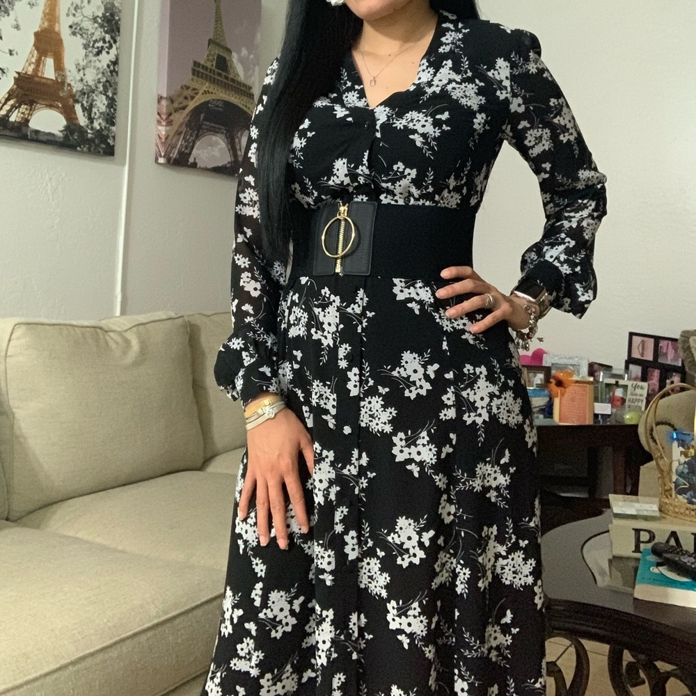 Michael Kors Black and White Floral Long Sleeve Dress